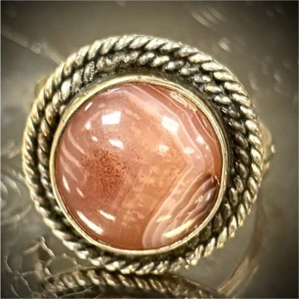 Vintage 925 Sterling Silver Gold Tone Banded Agate Ring Size 8  Estate